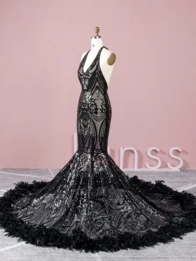 sheer geometric black sequin with feather trim prom dress