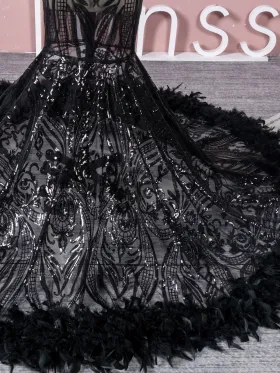 sheer geometric pattern black sequin long train with feather trim