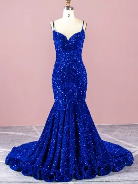 sparkly royal blue sequin mermaid long prom dress