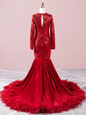 red sequin velvet and feather mermaid prom dress