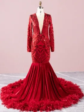 unique red sequin black girl prom dress with feather train