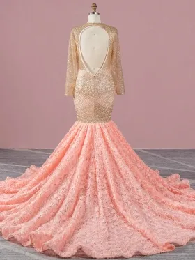 open back long sleeve glitter and 3d rose peach prom dress