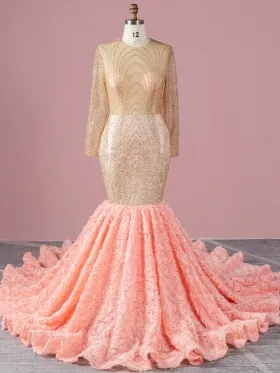 sexy sheer glitter mermaid 3d rosette long train peach prom gown