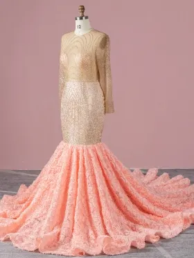 sheer glitter with peach 3d rosette peach prom dress