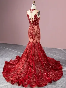 abstractly geometric pattern red sequin African American prom dress