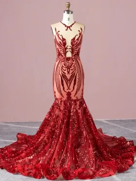 abstractly geometric pattern red sequin fantasy mermaid prom dress