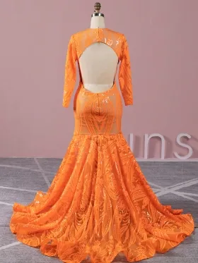 open back long sleeve orange sequin mermaid prom dress