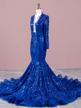 jagged plunging neck royal blue sequin unique prom dress