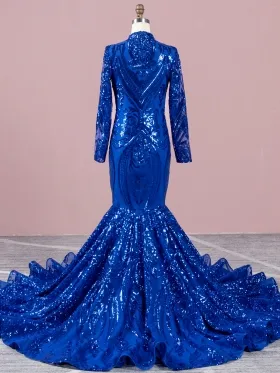 unique royal blue sequin long sleeve long train prom dress