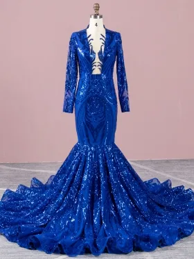 unique royal blue sequin plunging neck mermaid prom dress