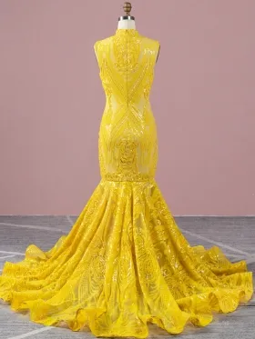 sleeveless yellow sequin mermaid long train prom dress sleeveless yellow sequin mermaid long train prom dress