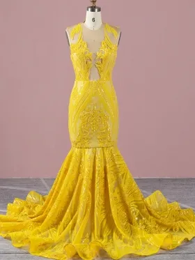 sparkly yellow unique geometric pattern sequin prom dress