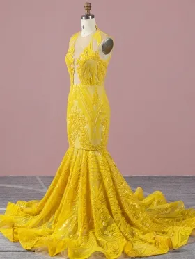 unique geometric pattern yellow sequin mermaid prom dress