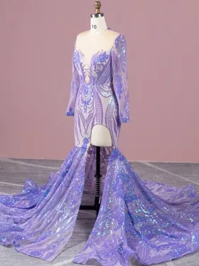 iridescent purple unique pattern sequin prom dress