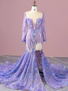 unique iridescent purple sequin long sleeve mermaid prom dress