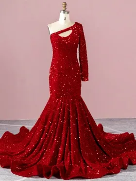 cut out red sequin one sleeve mermaid long prom dress