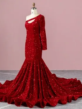 keyhole cut out neck one sleeve red sequin prom dress