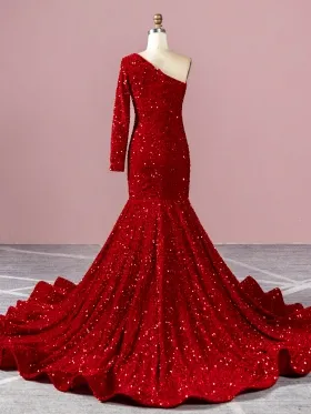 red sequin one shoulder long train prom dress