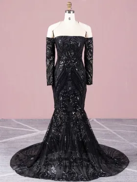 demure black sequin off shoulder sleeve mermaid prom dress