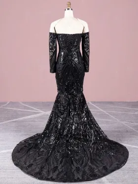 off the shoulder long sleeve black sequin prom dress