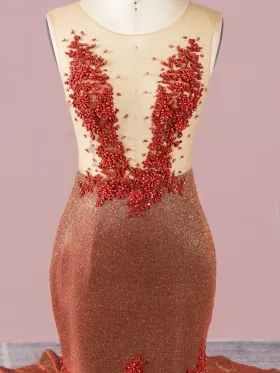 beaded sexy sheer brick red African American prom dress