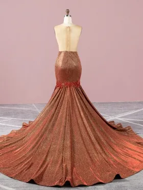 brick red spandex long train African American prom dress brick red spandex long train African American prom dress