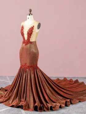 sexy beaded sheer top brick red glitter spandex long train prom dress