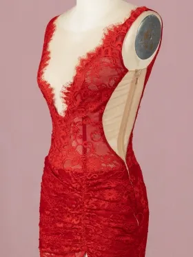 red lace plunging neckline prom dress