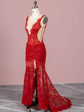 red sheer lace mermaid prom dress