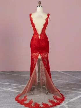 sexy low back and sheer train red lace prom dress