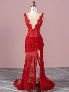 sexy sheer red lace thigh high slit prom party dress