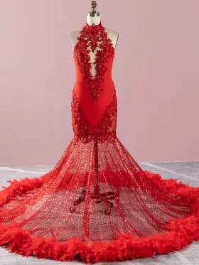 red glitter lace feather long train black girl prom gown