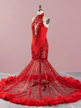 red glitter lace sheer mermaid long train prom dress