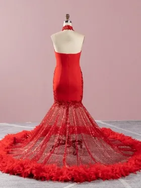 red long train prom dress for black girls