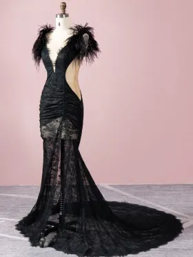 black feather sleeve cut out lace sheer mermaid prom dress black feather sleeve cut out lace sheer mermaid prom dress