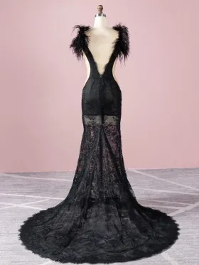 black lace and feather long train prom dress black lace and feather long train prom dress