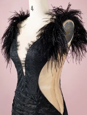 unique black feather short sleeve dress