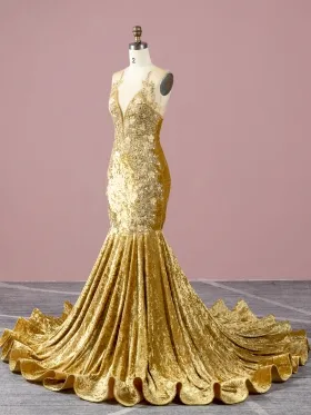 luxury beaded golden yellow velvet prom dress