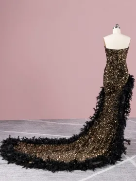 black gold sequin and feather long train prom dress