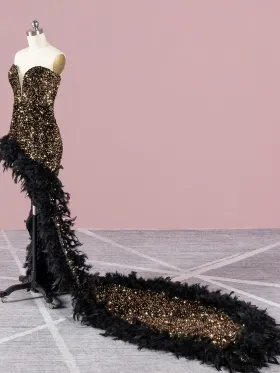 black gold sequin long train with feather trim prom dress