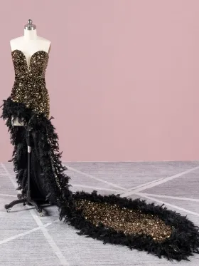 black gold sequin with feather long train black girl prom dress