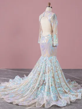 iridescent pink and blue sequin long sleeve African American prom dress