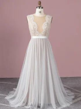 scalloped plunging neck nude satin and tulle bridal dress
