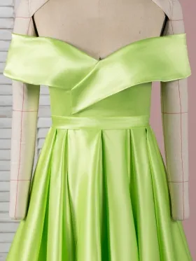 lustrous lemon green satin off the shoulder prom dress