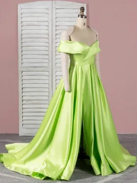 off the shoulder lemon green satin prom dress