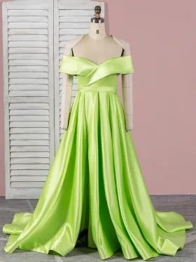 sleek lemon green satin off shoulder A line prom dress