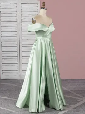 off the shoulder sleek satin A line floor length dress