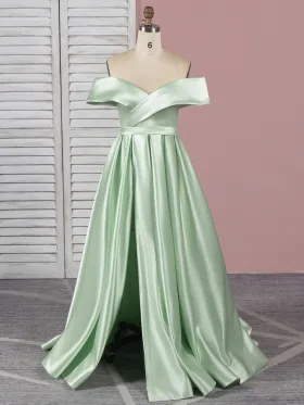 sleek satin off the shoulder slit A line simple prom dress sleek satin off the shoulder slit A line simple prom dress
