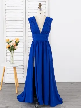 pleated chiffon plunging V neck slit A line long dress