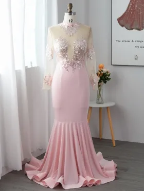 sequin lace appliqued sexy sheer pink mermaid prom dress
